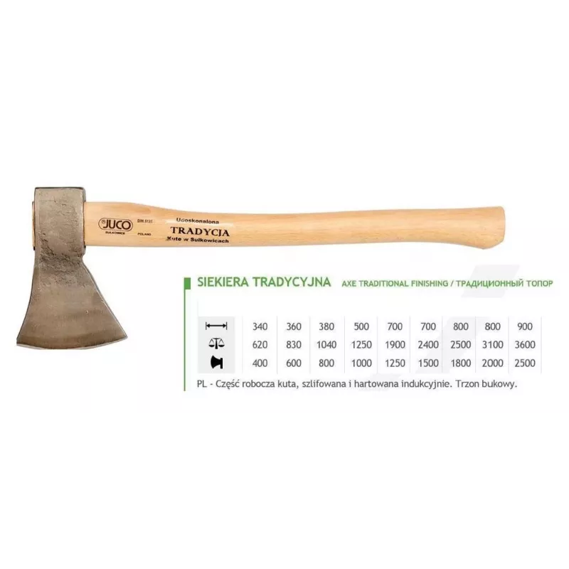 JUCO 33007 Axe Tool - 600g Forged Carbon Steel Head, 360mm Wooden Handle