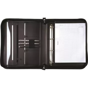 JÜSCHA Alassio LIMONE A4 Genuine Leather Conference Folder with Removable Ring Mechanism and All-Around Zipper, Black 30014
