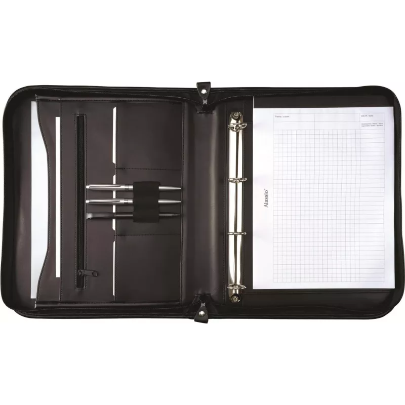 JÜSCHA Alassio LIMONE A4 Genuine Leather Conference Folder with Removable Ring Mechanism and All-Around Zipper, Black 30014
