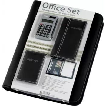 JÜSCHA Alassio Ring Binder Portfolio Office Set A4 Black Imitation Leather with 4-Ring Mechanism, 7 Business Card Slots, Zipper Closure, Writing Pad and Calculator 30060