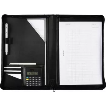JÜSCHA Alassio Zippered Document Folder A4 Synthetic Leather Black with 4-Ring Binder and Calculator 30056