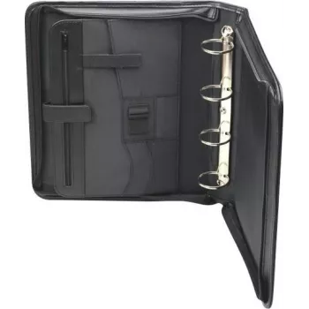 JÜSCHA RIMINI Zipper Conference Folder A4 Faux Leather Black with Notepad Compartment, Card Slots, Pen Loop, Smartphone Pocket