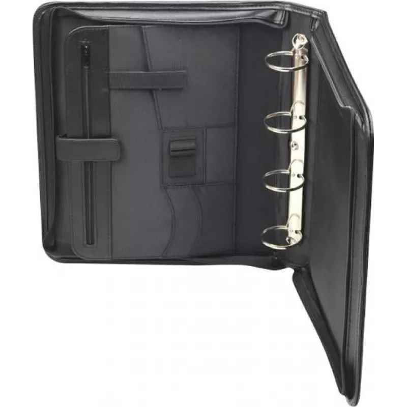 JÜSCHA RIMINI Zipper Conference Folder A4 Faux Leather Black with Notepad Compartment, Card Slots, Pen Loop, Smartphone Pocket