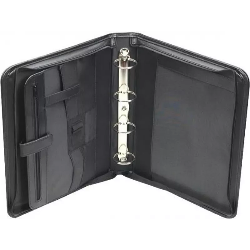 JÜSCHA RIMINI Zipper Conference Folder A4 Faux Leather Black with Notepad Compartment, Card Slots, Pen Loop, Smartphone Pocket