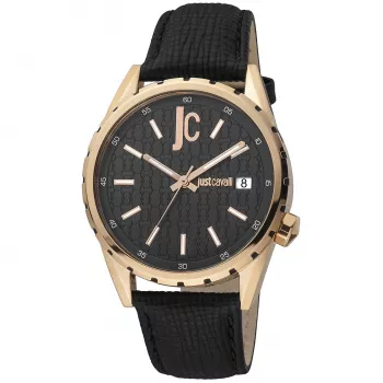 JUST CAVALLI MAN JC1G217L0035 Quartz Analog Watch 42mm Black Dial Stainless Steel Case Black Leather Strap