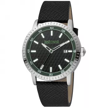 JUST CAVALLI Men's Quartz Analog Watch JC1G216L0025 42mm Stainless Steel Case Black Leather Strap