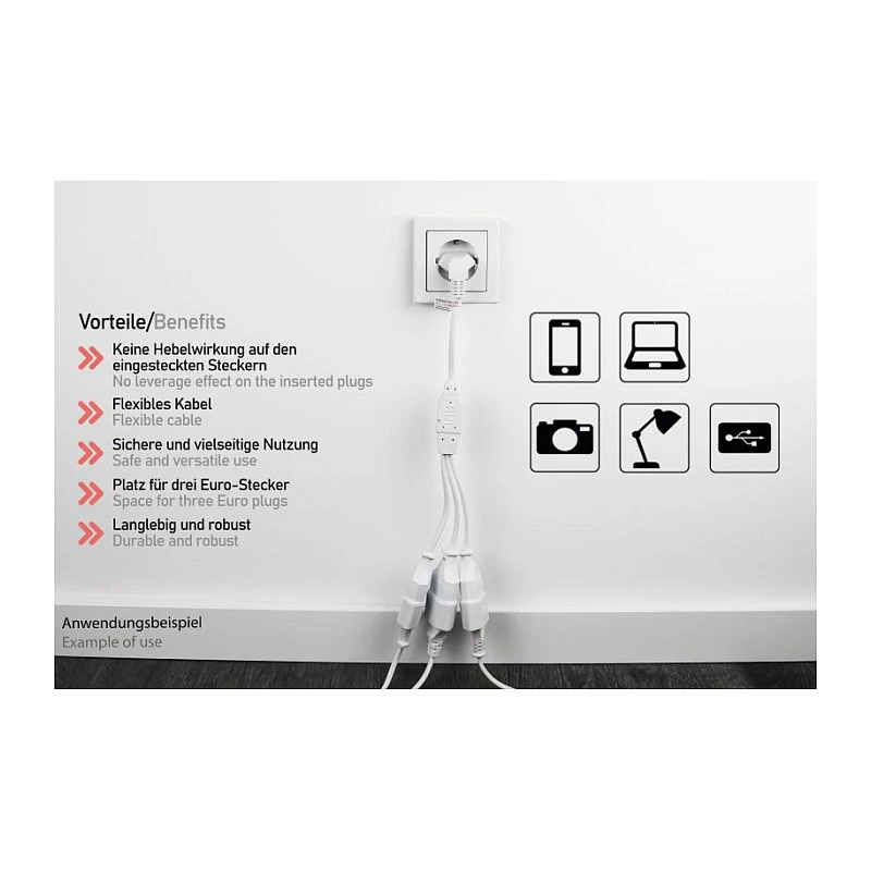 Kabelmeister Euro Extension Cable with 3 Sockets, 0.2 m, Black