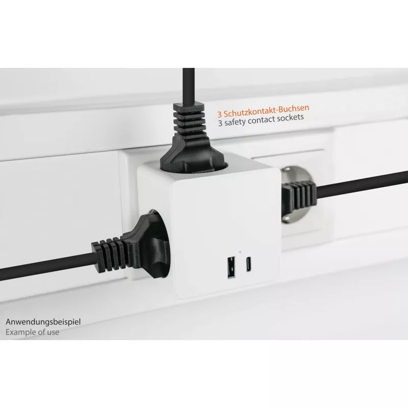 KABELMEISTER Power Strip Cube with 3x Schutzkontakt Outlets, USB-C 20W PD 3.0 and USB-A 18W, 1.5m, White