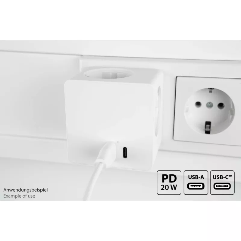 KABELMEISTER Power Strip Cube with 3x Schutzkontakt Outlets, USB-C 20W PD 3.0 and USB-A 18W, 1.5m, White