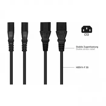 Kabelmeister Schuko Plug (90° Angled) to 2x IEC C13 Y-Power Splitter Cable, 2m, Black