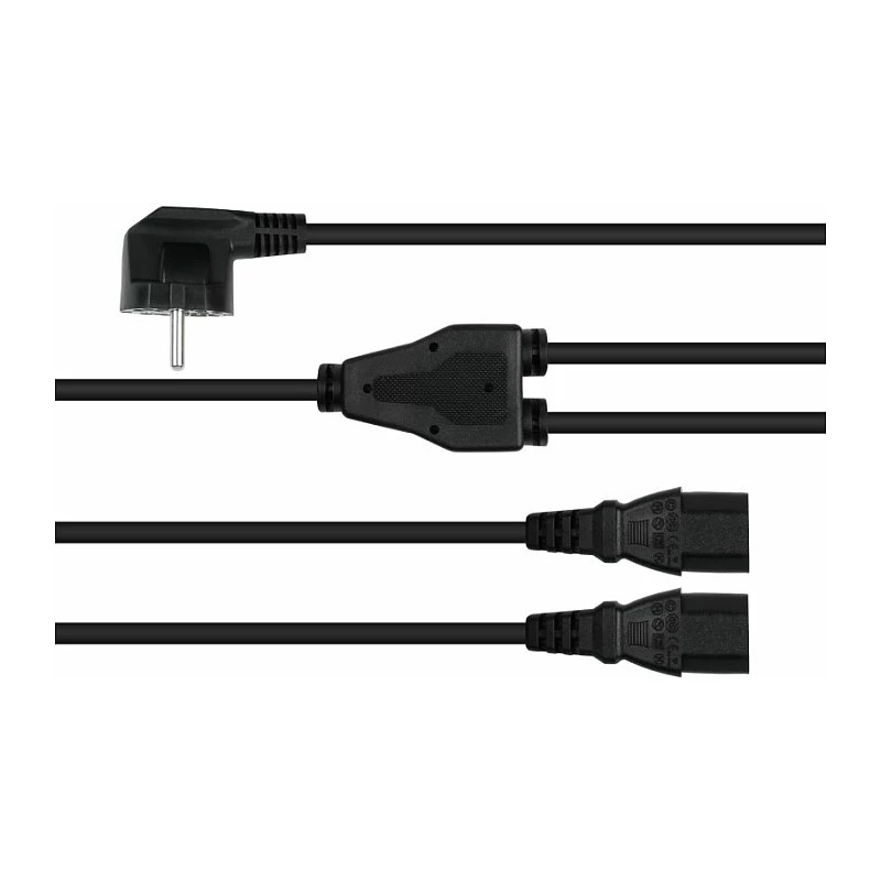 Kabelmeister Schuko Plug (90° Angled) to 2x IEC C13 Y-Power Splitter Cable, 2m, Black