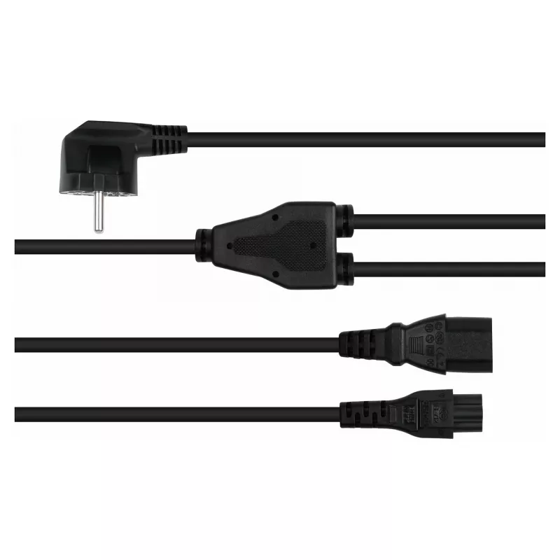 Kabelmeister Schuko Power Splitter Cable, 90° Angled Plug to C13 + C5, Black, 2m