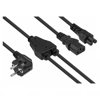 Kabelmeister Schuko Power Splitter Cable, 90° Angled Plug to C13 + C5, Black, 2m