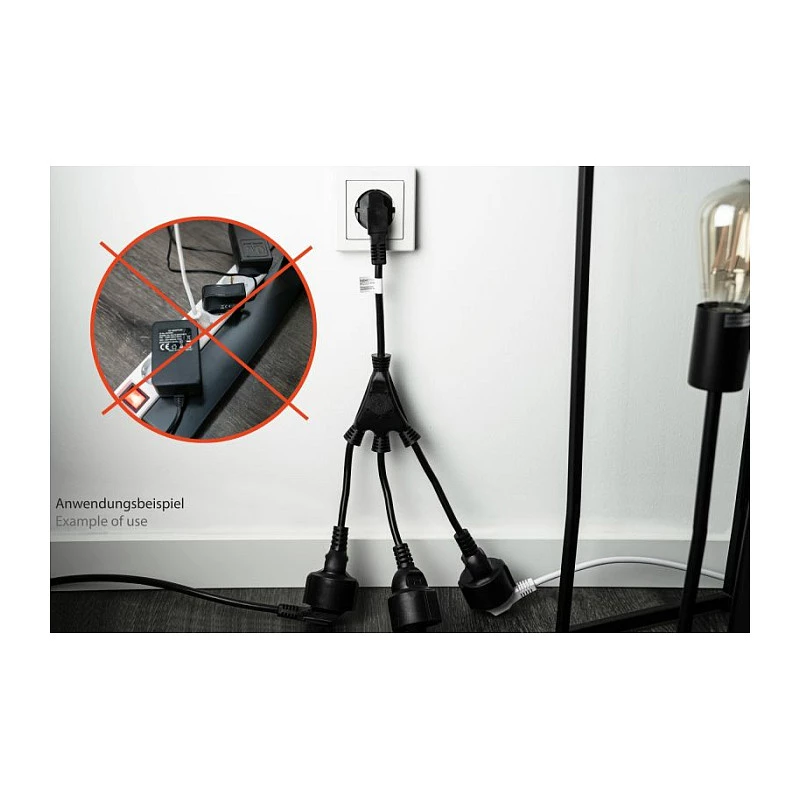Kabelmeister SK0103-S002 3-Way Schuko Power Splitter, 90° Angled Plug, 0.2m Cable, Black