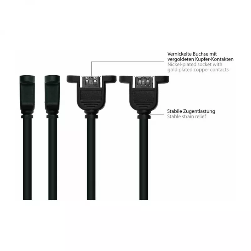 Kabelmeister USB 2.0 Extension Cable, Type-A Male to Panel Mount Type-A Female, 1m, Black