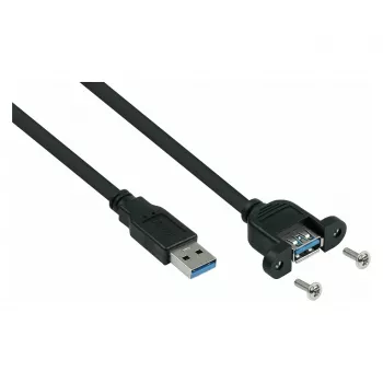 Kabelmeister USB 3.0 Extension Cable, Panel Mount, Type-A Male to Type-A Female, 0.3 m, Black, UL Certified