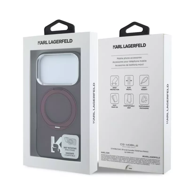 Karl Lagerfeld IML Ring Stand 360 Kameo Metal MagSafe Case for iPhone 18 Pro / 17 Pro - Burgundy