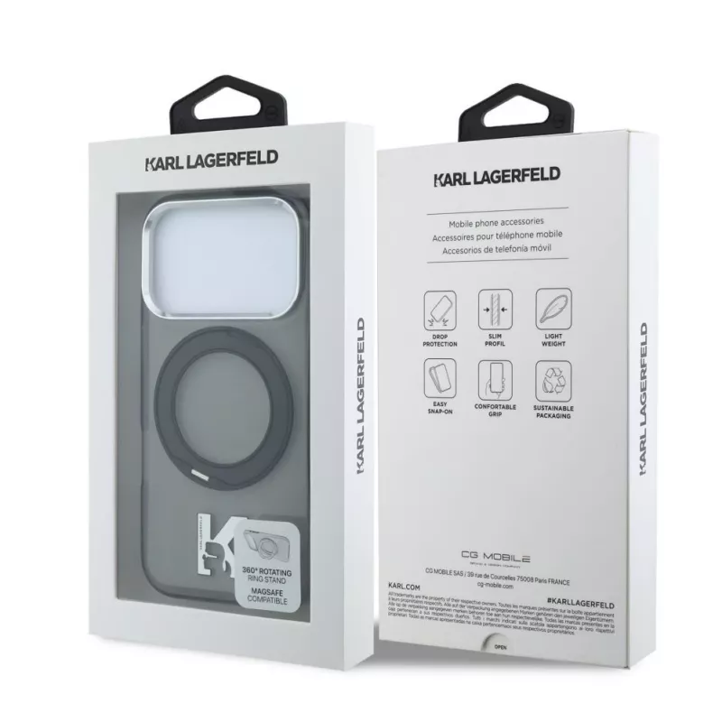 Karl Lagerfeld IML Ring Stand 360 Kameo Metal MagSafe Case for iPhone 18 Pro Max / 17 Pro Max - Black