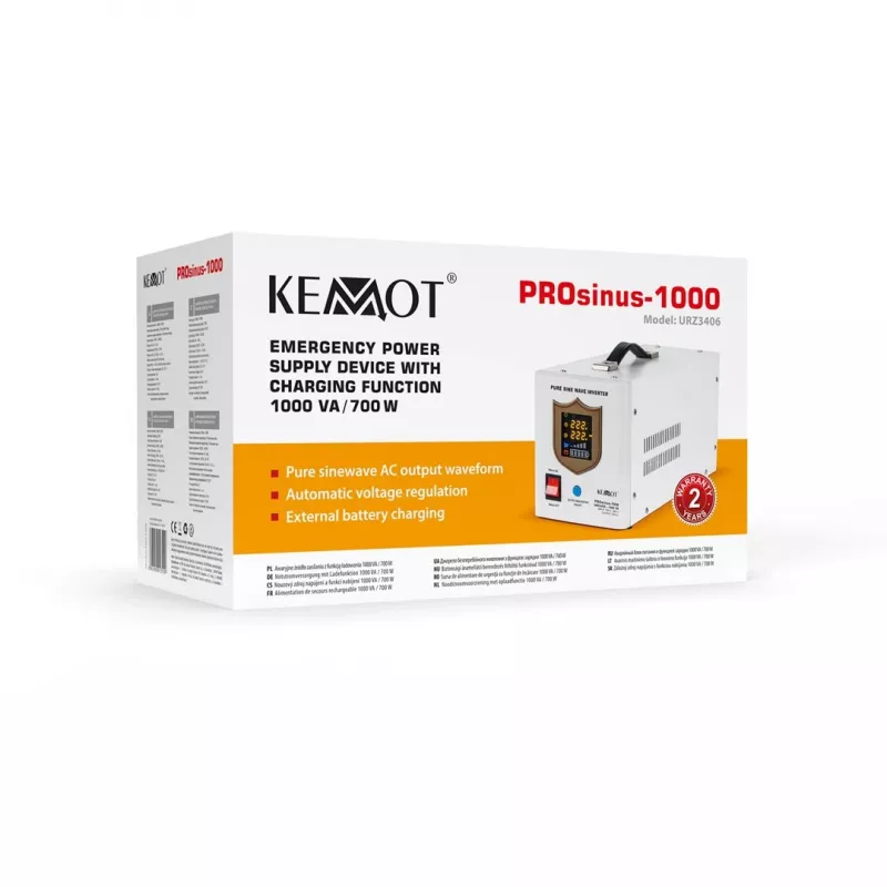KEMOT PROsinus-1000 Emergency Power Supply Unit – Pure Sine Wave Inverter with 12V Charging Function, 230V, 1000VA/700W