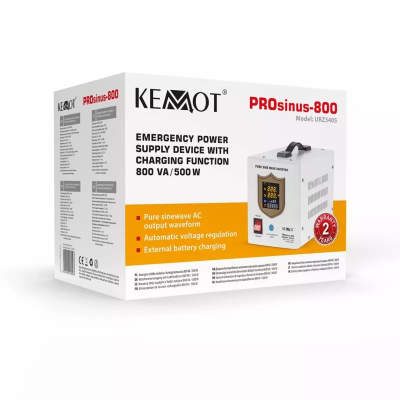 KEMOT PROsinus-800 Emergency Power Supply Unit – Pure Sine Wave Inverter with 12V Charging Function, 230V, 800VA/500W