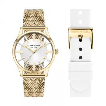 KENNETH COLE Women's Quartz Analog Watch KCWLG2124003 34.5mm Stainless Steel Case White Dial Black Leather Strap