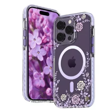 Kingxbar Apple iPhone 14 Pro MagSafe Case with Peony Flowers Print Flora Series Purple