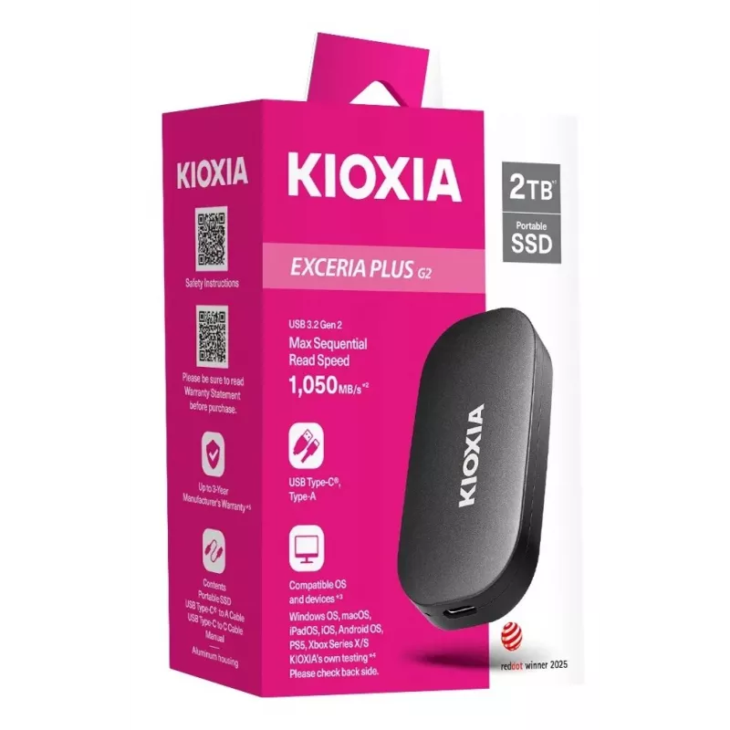 KIOXIA EXCERIA PLUS G2 500GB Portable External SSD USB 3.2 Gen 2 USB-C 256-bit AES Hardware Encryption TCG Opal 2.01