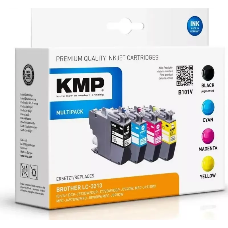 KMP B100V Remanufactured Ink Cartridge Set for Brother LC-3213 - Black, Cyan, Magenta, Yellow (4 Pack, 4x400 Pages)