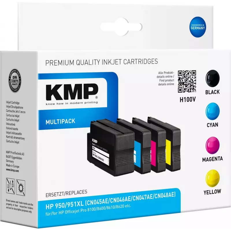 KMP H100V High Yield Ink Cartridge Multipack - Black, Cyan, Magenta, Yellow - Compatible with HP Officejet Pro 251dw, 276dw, 8100, 8600, 8610, 8615, 8620, 8625, 8630 - 4-Pack