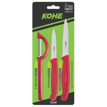 KOHE 3-Piece Knife Set with Peeler, Assorted Colours, High-Carbon Stainless Steel Blades, Ergonomic Non-Slip Handles, Dishwasher Safe