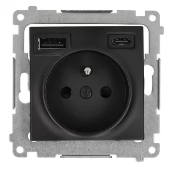 KONTAK-SIMON SIMON 54 Module Black Matt – 1x Schuko Socket 16A 250V + 2x USB (Type A & C) 2.1A Screw Terminals