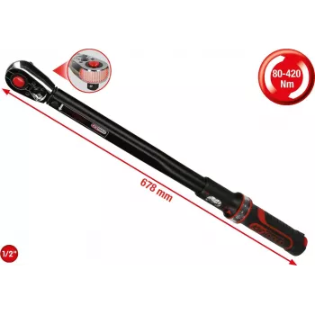 KS TOOLS 1/2 inch ERGOTORQUEprecision Ratchet Torque Wrench, 80-420 Nm, Dual Scale, DIN EN ISO 6789-1:2017, with Plastic Box (516.1582)