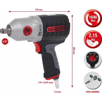 KS TOOLS 1/2 inch MONSTER High-Performance Pneumatic Impact Wrench, 1690 Nm (515.1210)