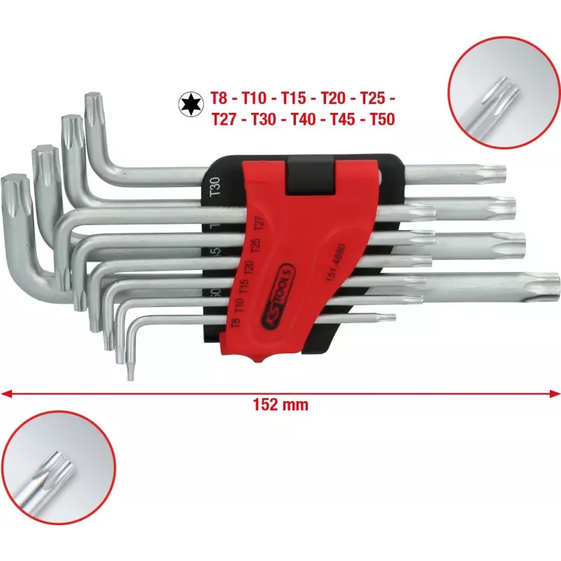 KS TOOLS 151.4880 Long TORX L-Key Set, 10-Piece, Chrome Vanadium, Sizes T9-T50