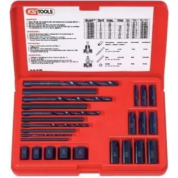 KS TOOLS 25-Piece Screw Extractor Set, Left-Hand HSS, M3-M18, with Drill Bits & Guides (150.1305)
