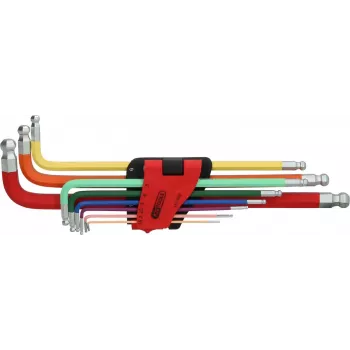 KS TOOLS 9-Piece Extra-Long Ball-End Hex Key Set with Double Ball Head, 1.5-10mm, Chrome Vanadium, Matt Chrome-Plated, DIN ISO 2936, ERGOTORQUEplus 151.3222