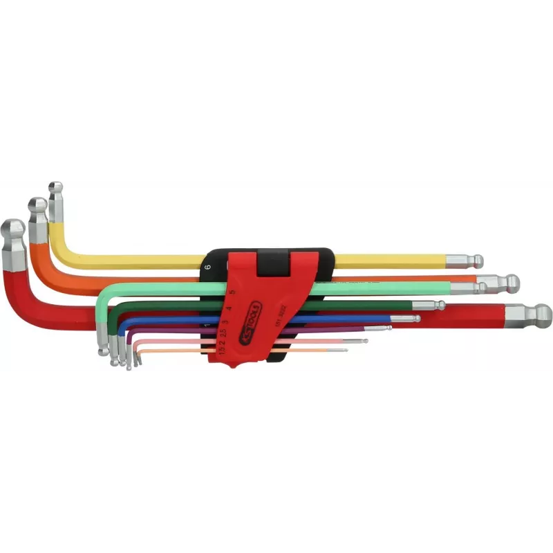 KS TOOLS 9-Piece Extra-Long Ball-End Hex Key Set with Double Ball Head, 1.5-10mm, Chrome Vanadium, Matt Chrome-Plated, DIN ISO 2936, ERGOTORQUEplus 151.3222