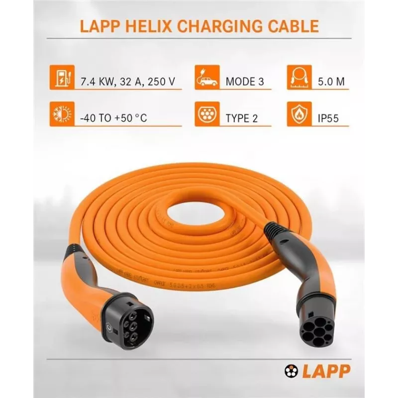 LAPP MOBILITY HELIX® Type 2 Charging Cable, up to 7.4 kW, 5 m, Orange (61797)
