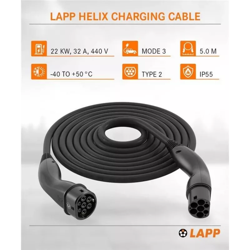 LAPP MOBILITY HELIX® Type 2 EV Charging Cable, 22 kW, 5 m, Black 61795