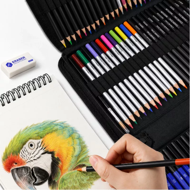 LEAN Art Set for Drawing and Sketching, 74-Piece Complete Kit with Graphite Pencils, Colored Pencils, Oil Pastels, Charcoal, and Zippered Case