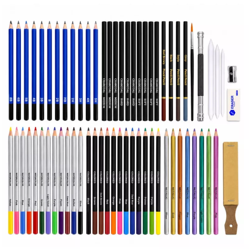 LEAN Art Set for Drawing and Sketching, 74-Piece Complete Kit with Graphite Pencils, Colored Pencils, Oil Pastels, Charcoal, and Zippered Case