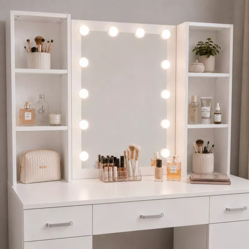 LEAN Cosmetic Dressing Table with LED Mirror, 3 Drawers and Cabinet, White, 141x114x39 cm