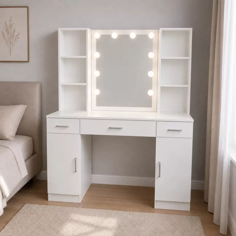 LEAN Cosmetic Dressing Table with LED Mirror, 3 Drawers and Cabinet, White, 141x114x39 cm