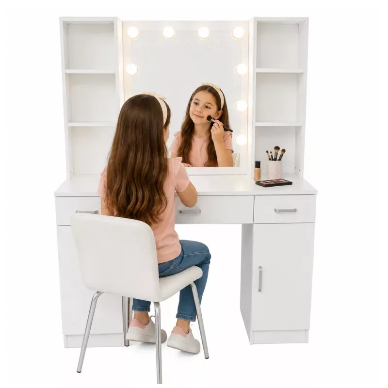 LEAN Cosmetic Dressing Table with LED Mirror, 3 Drawers and Cabinet, White, 141x114x39 cm