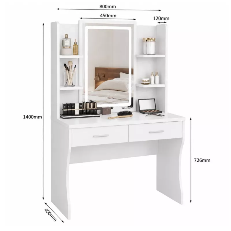 LEAN Cosmetic Dressing Table with LED Mirror, Shelves, Drawers, White 140x80x40 cm