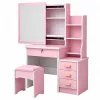 LEAN Cosmetic Dressing Table with Mirror, 4 Drawers, Shelves and Stool, Pink 130x80x36 cm