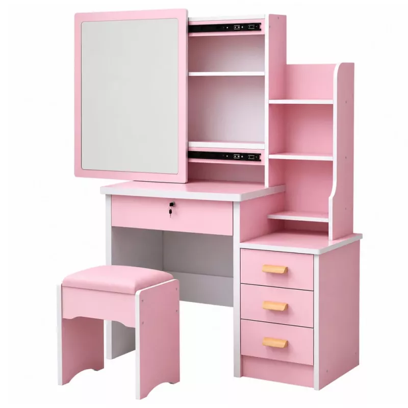 LEAN Cosmetic Dressing Table with Mirror, 4 Drawers, Shelves and Stool, Pink 130x80x36 cm