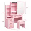 LEAN Cosmetic Dressing Table with Mirror, 4 Drawers, Shelves and Stool, Pink 130x80x36 cm