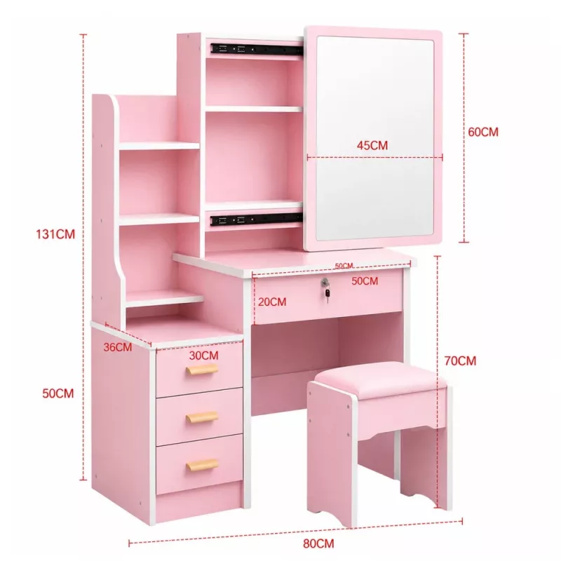 LEAN Cosmetic Dressing Table with Mirror, 4 Drawers, Shelves and Stool, Pink 130x80x36 cm