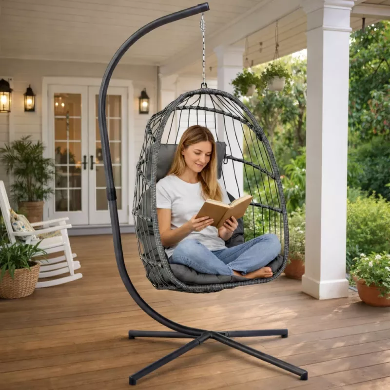 LEAN Hanging Rocking Chair Garden Cocoon Cushions Swing Gray Frame